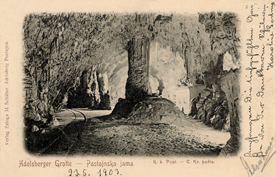 Adelsberger Grotte – Postojnska jama. K. k. Post – C. Kr. Pošta.